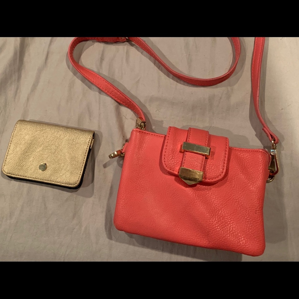 Small Coral Crossbody Purse with gold card holder